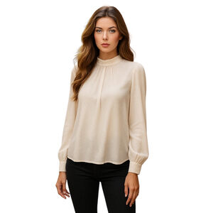 LOFT Blouse Women L Beige Mandarin Collar Long Sleeve Elegant Classic Office NWT